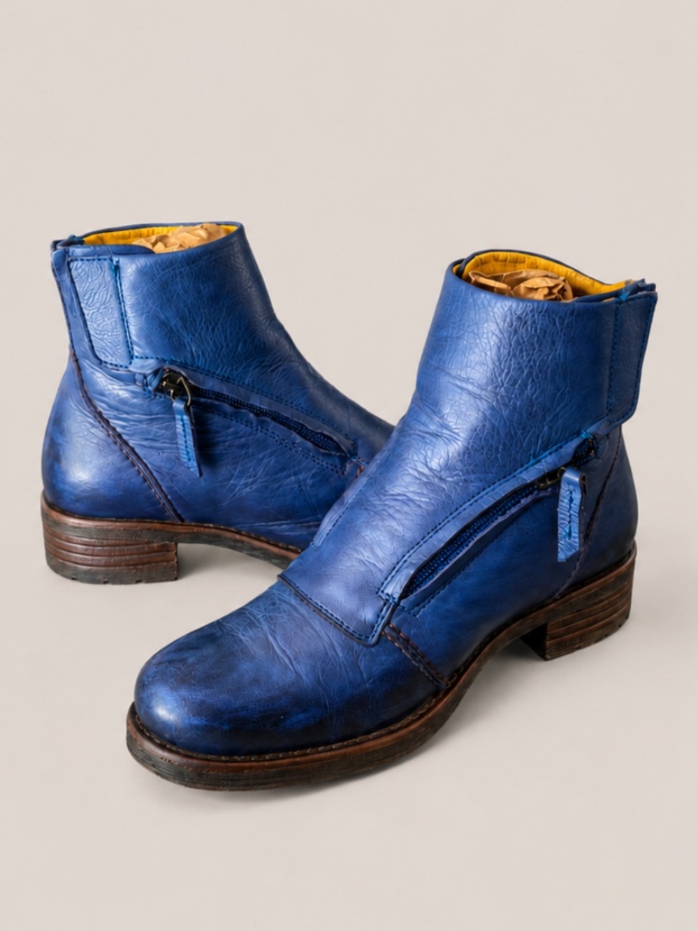 Jafa Leather Handmade Zip-Front‎ Moto Combat Ankle Boots Womens 38 US 7-7.5 Blue